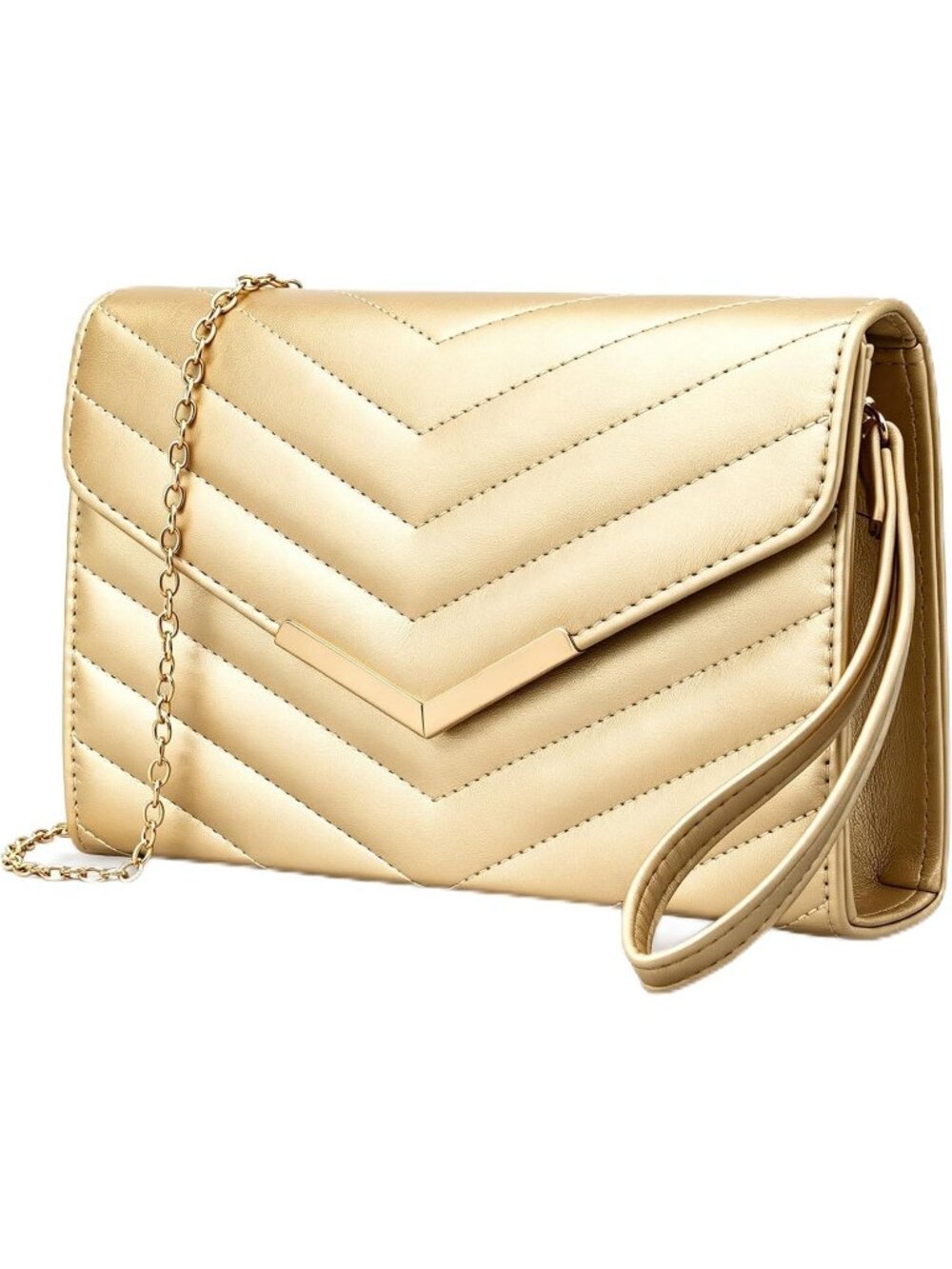 Women's Golden Leather Quilted Clutch Purse Envelope Chain Strap Evening Handbag